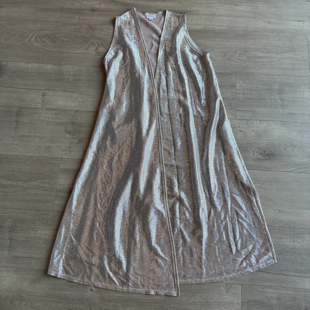 Lularoe JOY Silver Foil with red undertones Metallic Vest Duster - size small